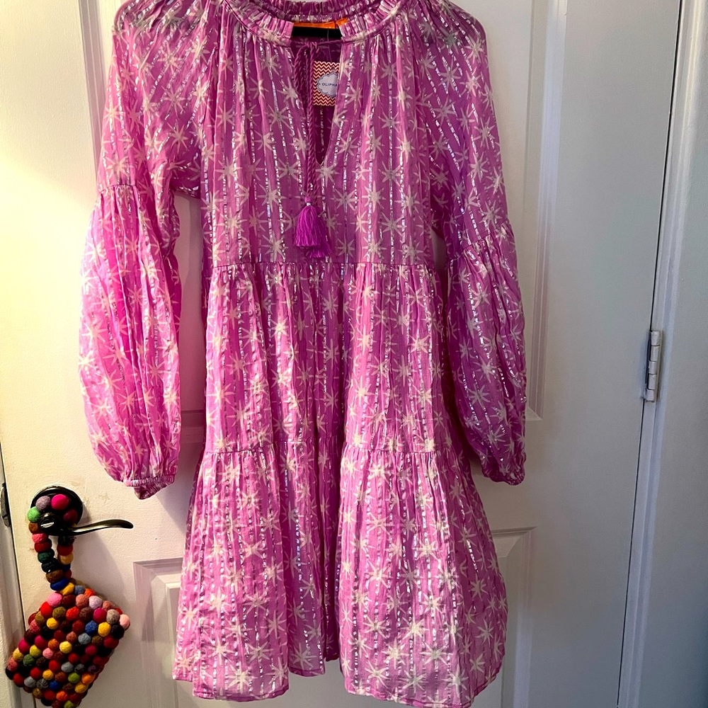 Beautiful lilac pink Oliphant cotton dress with sparkling silver stripes! Size S